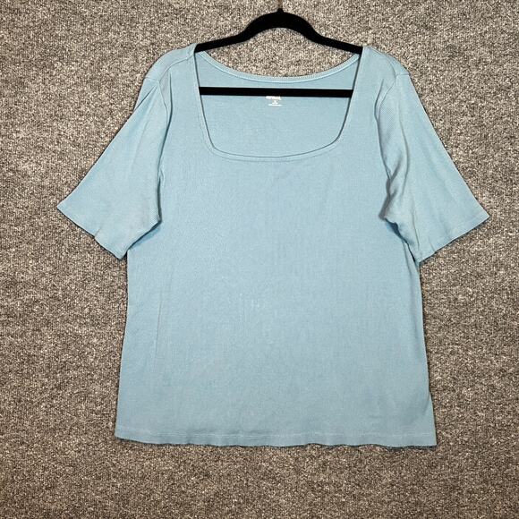Lands End Shirt Womens 1X Blue Short Sleeve Tshirt Square Neck Plus Size Stretch - Picture 2 of 8
